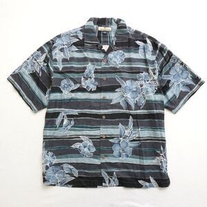 Tommy Bahama Mens Hawaiian Shirt Button Up Blue Black Floral Silk Size Large